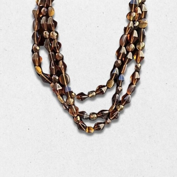 Vintage Inspired Glass Beaded Necklace Three Stranded Lobster Clasp Brown W OS - Picture 2 of 4